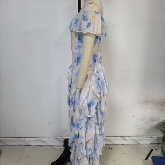 Off-Shoulder Blue & White Ruffle Maxi Dress - Picture 4 of 6